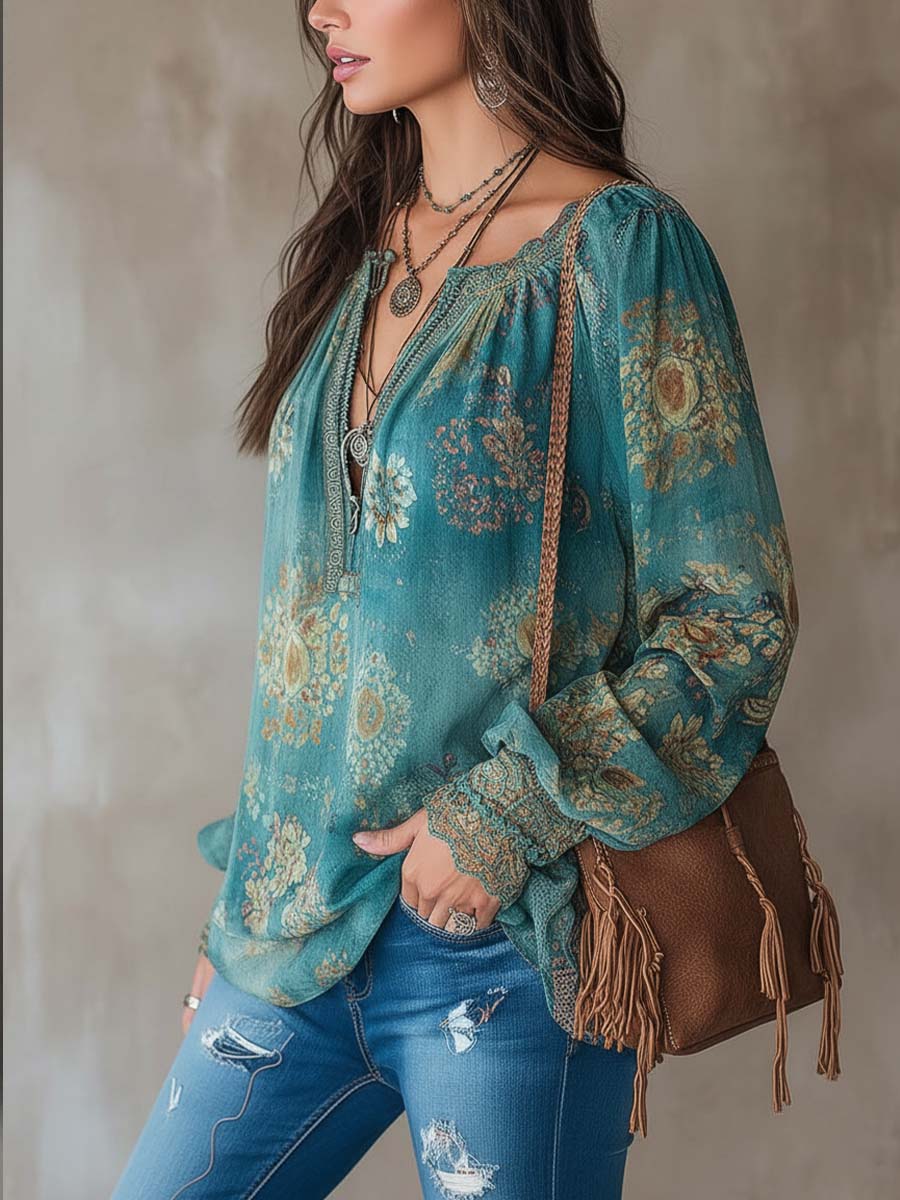 Vintage Ethnic Style Trim Floral Lace Blouse