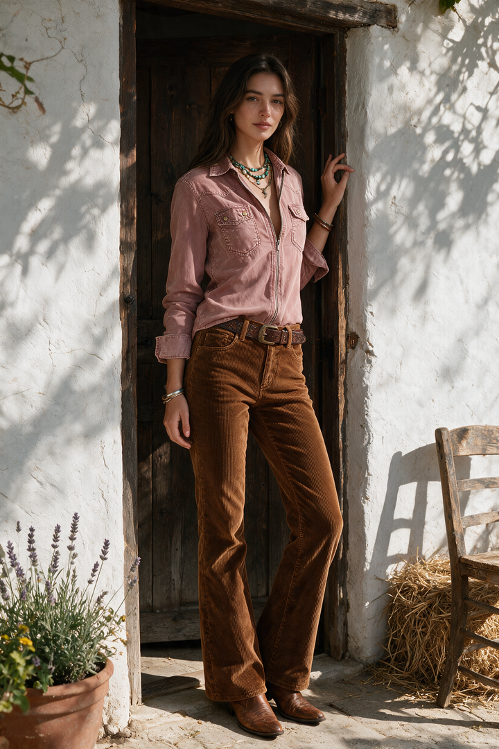 Western Soft Faded Dusty Rose Washed Denim Zip Shirt