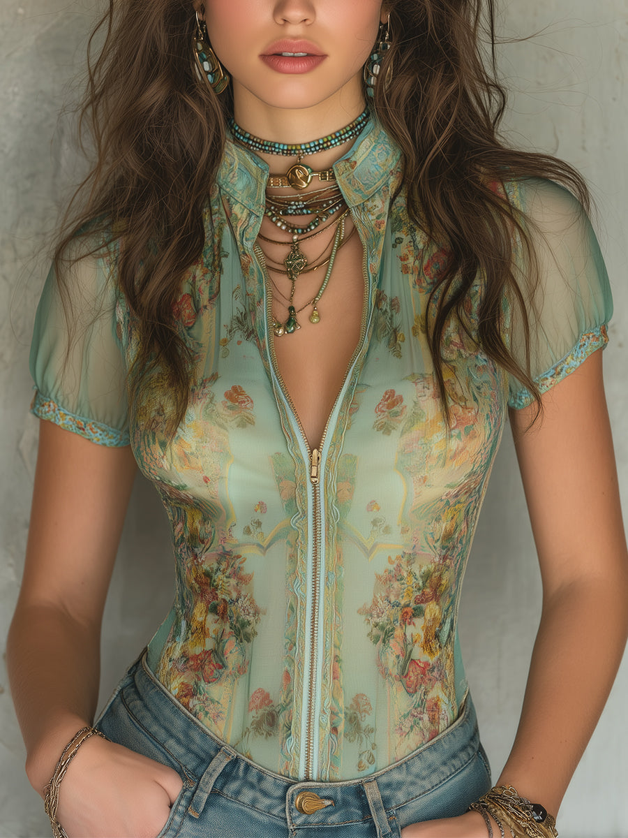 Retro-print Slim-fit Chiffon Short-sleeved Blouse