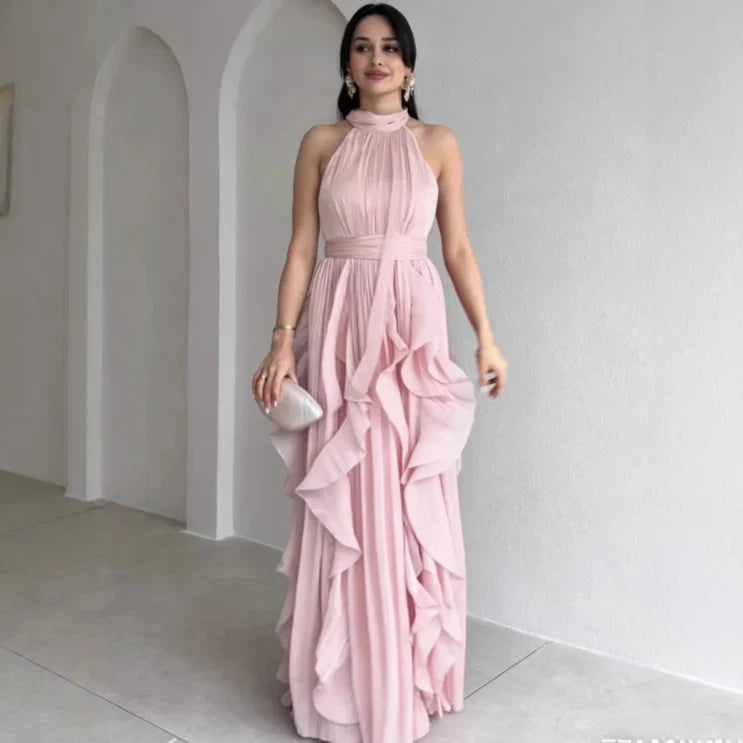 Orea™ High Neck Gathered Ruffle Layers Maxi Dress