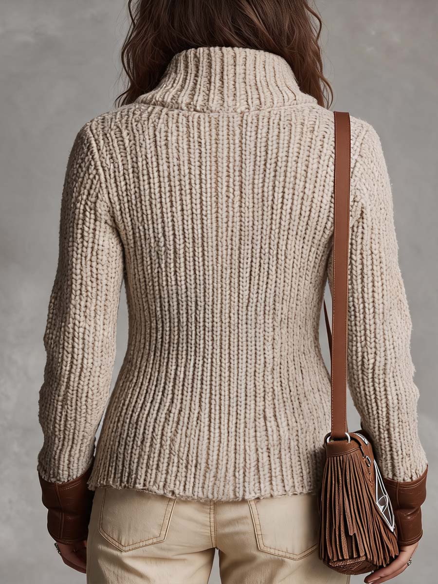 Vintage Contrast Faux Leather Trim Knit Cardigan