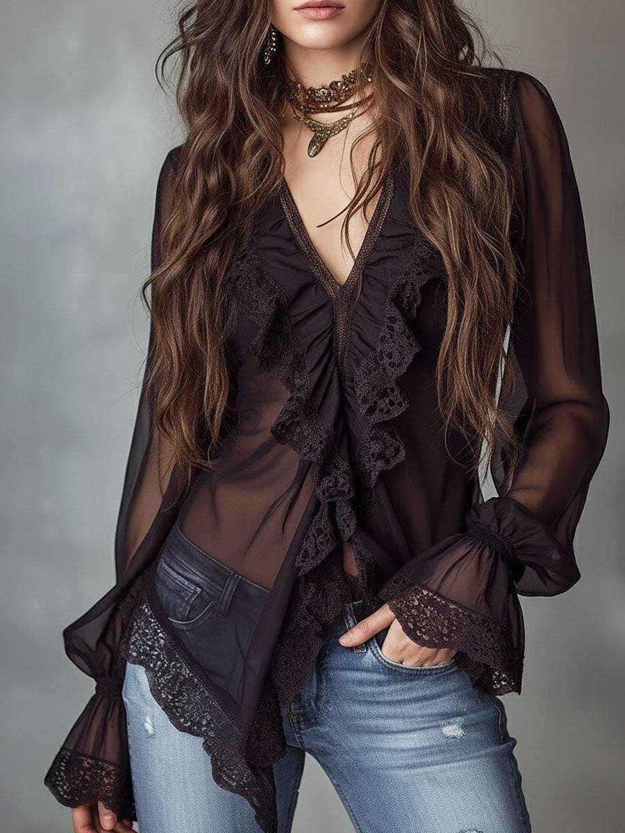 Retro Romantic Black Lace Trim Sheer Chiffon Ruffle Blouse