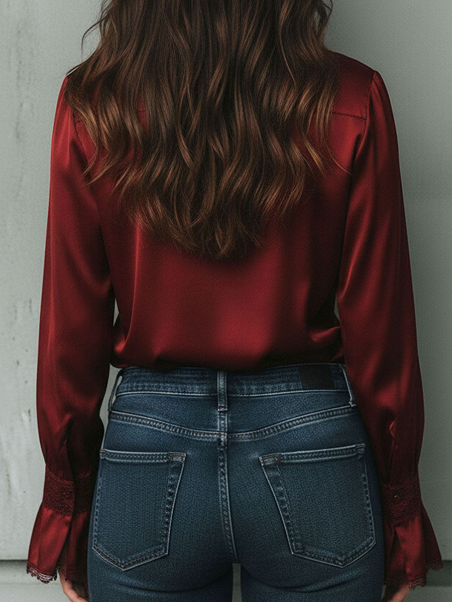 Elegant Burgundy Lace Trim Satin Blouse With Flared Cuffs