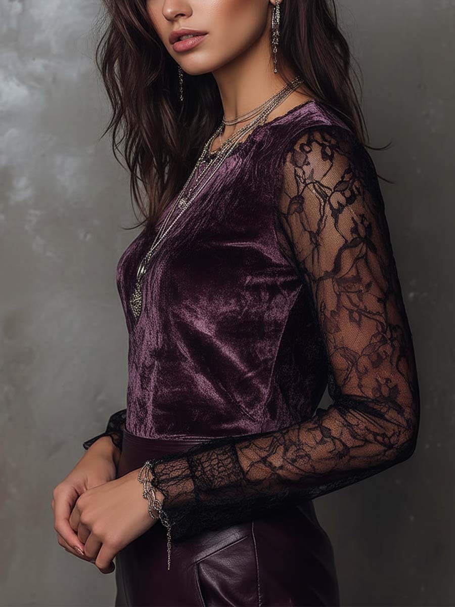 Velvet And Lace Gothic Sheer-Sleeve Top