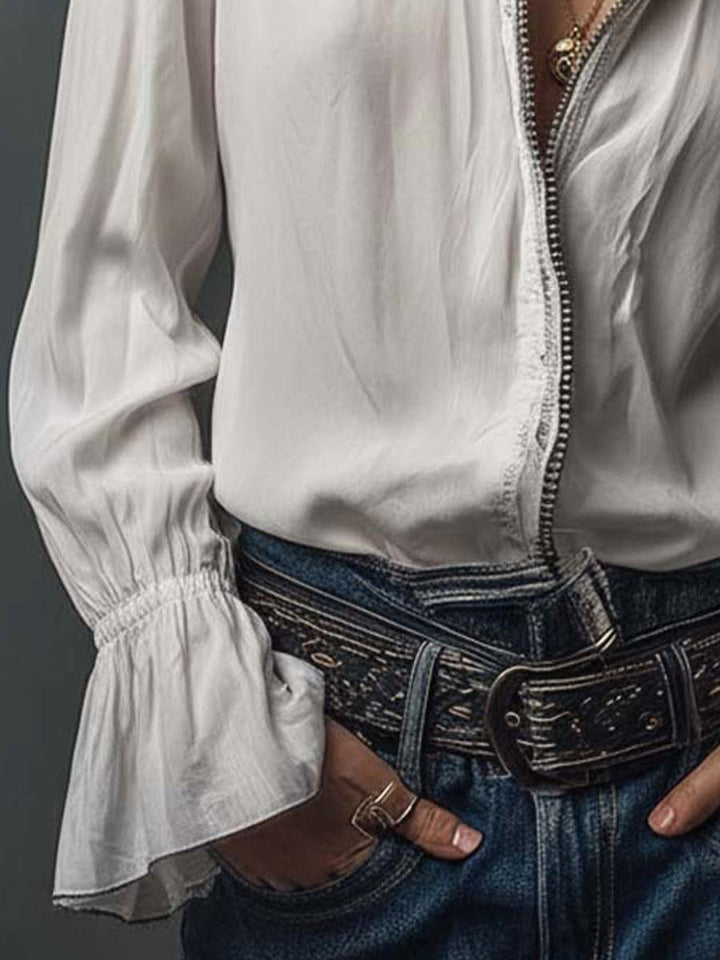 White Zip-Front Blouse With Flounce Cuffs