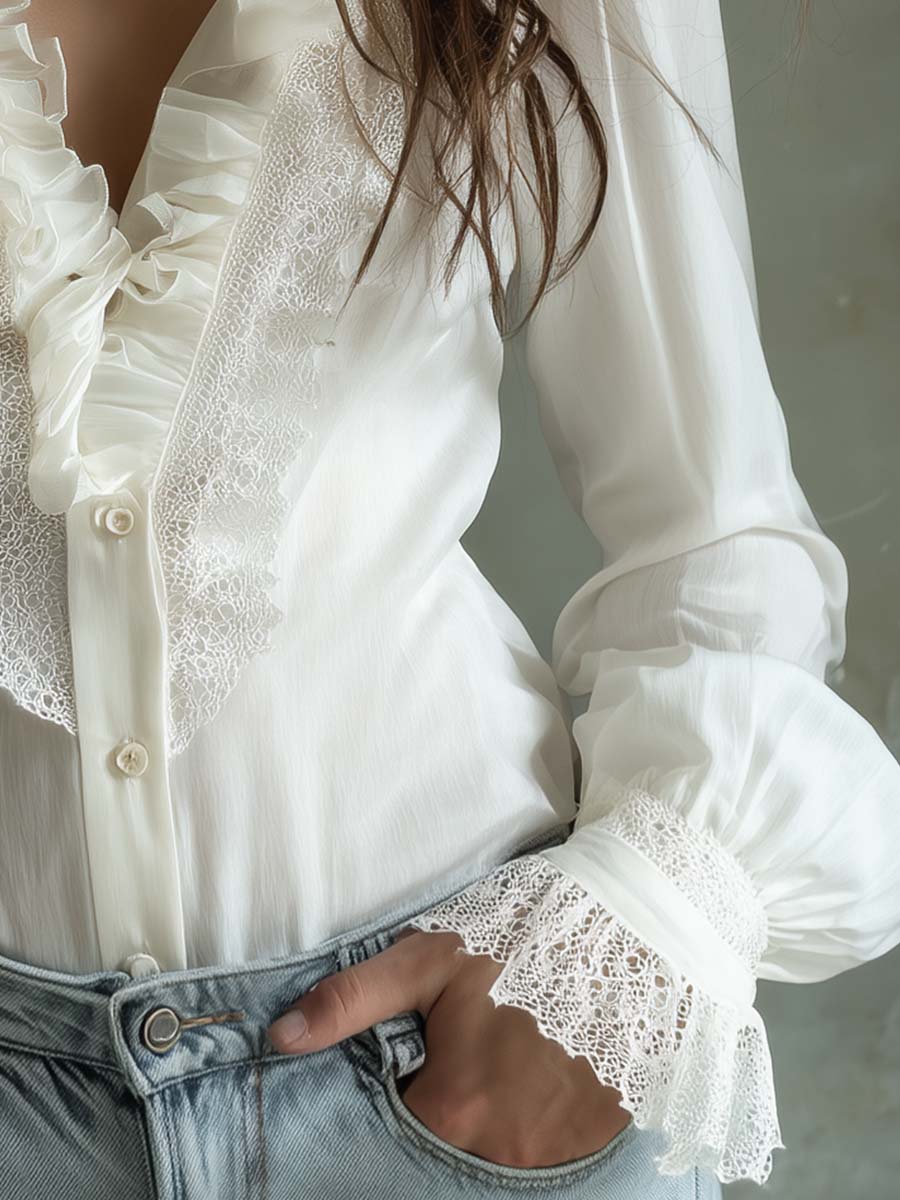 Romantic Ruffled Lace Blouse – Ivory White