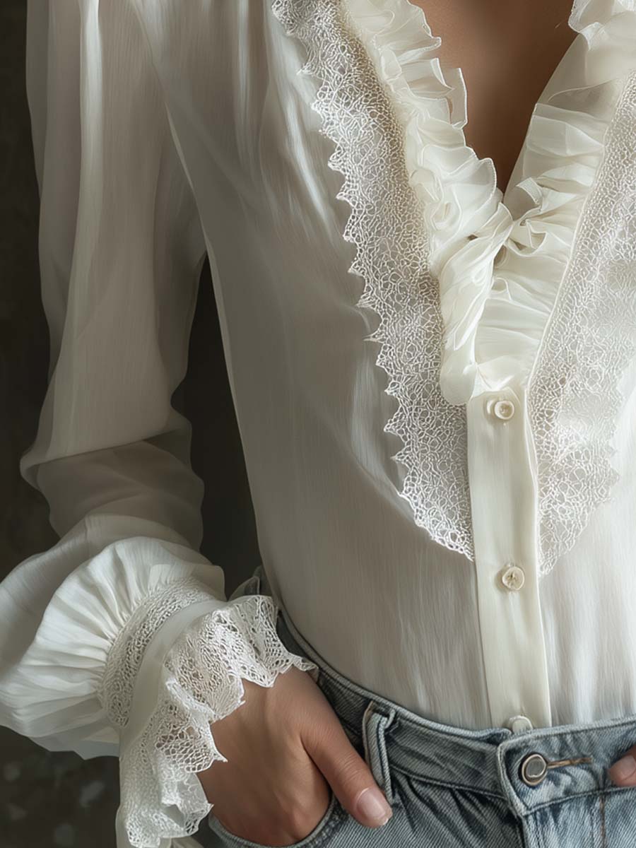 Romantic Ruffled Lace Blouse – Ivory White