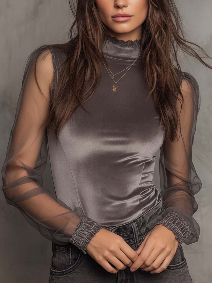 Velvet Mesh Panel High-Neck Top – Graphite Grey