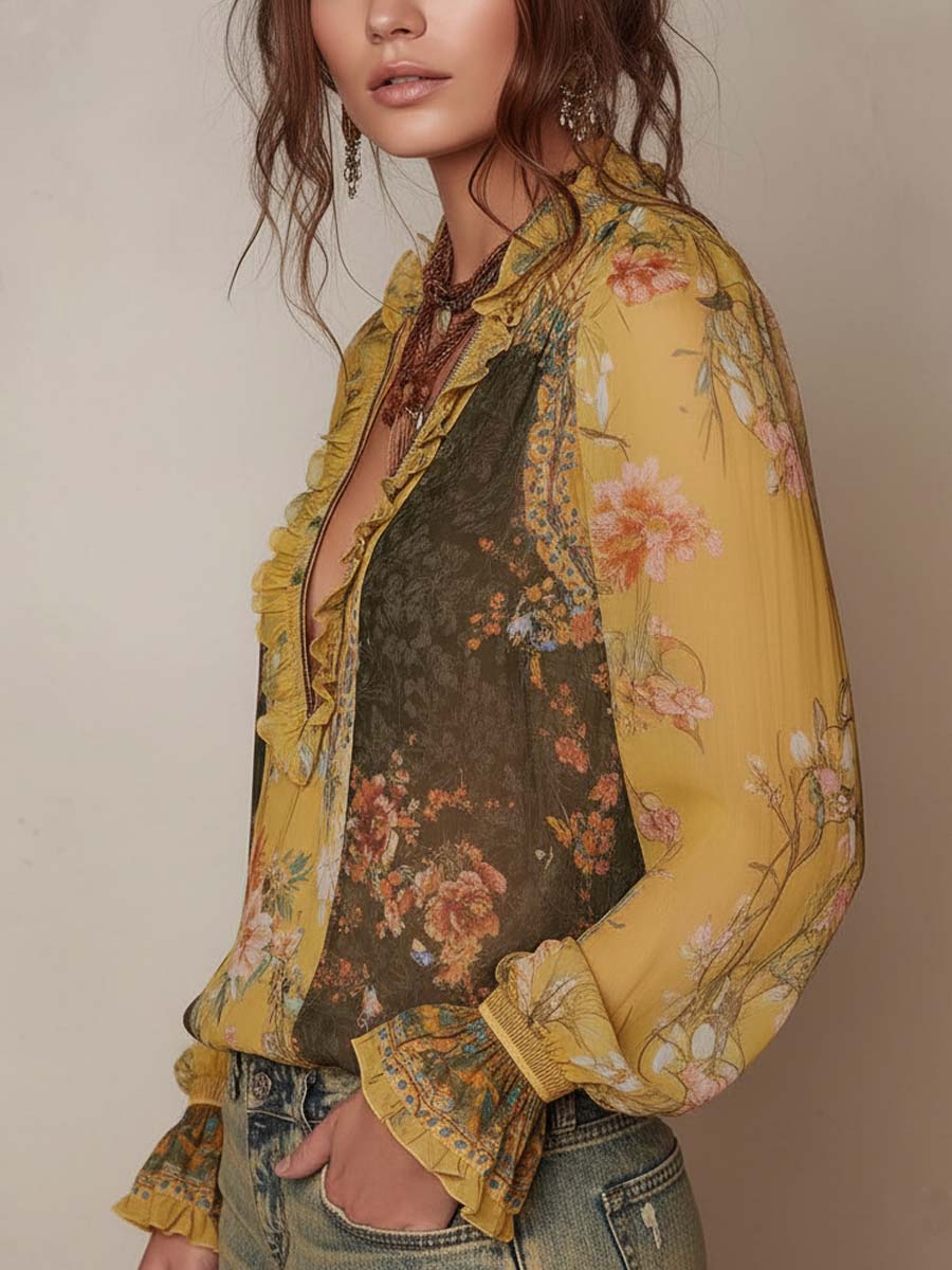 Zip-Front Ruffled Floral Chiffon Blouse