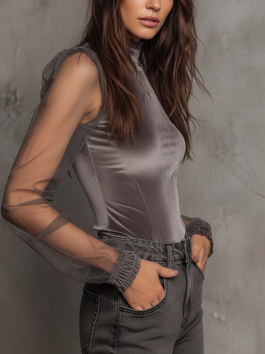 Velvet Mesh Panel High-Neck Top – Graphite Grey