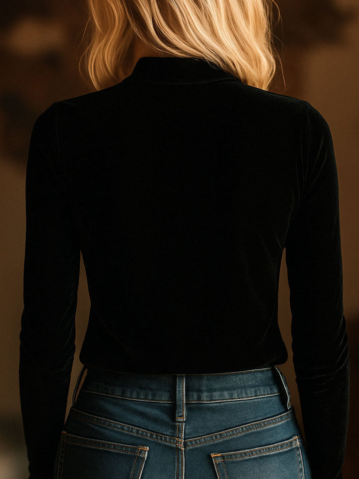 Elegant V-neck Embroidery Velvet Long Sleeves Top