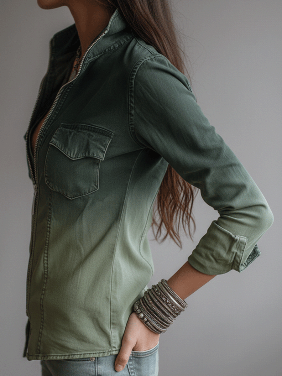 Casual Green Gradient Workwear Pocket Denim Zip-Up Blouse