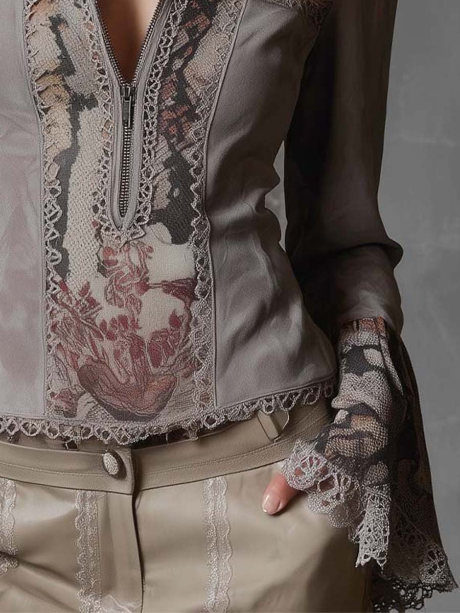 Vintage Patchwork Eco-Suede Blouse With Lace And Floral Prints