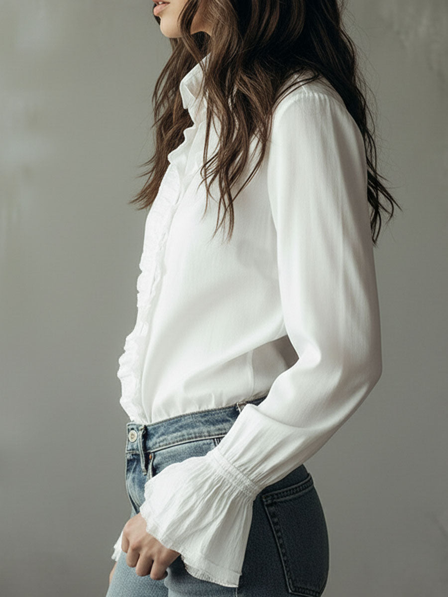 Elegant Ruffled Button-Down Long Sleeve Shirt With Flared Cuffs
