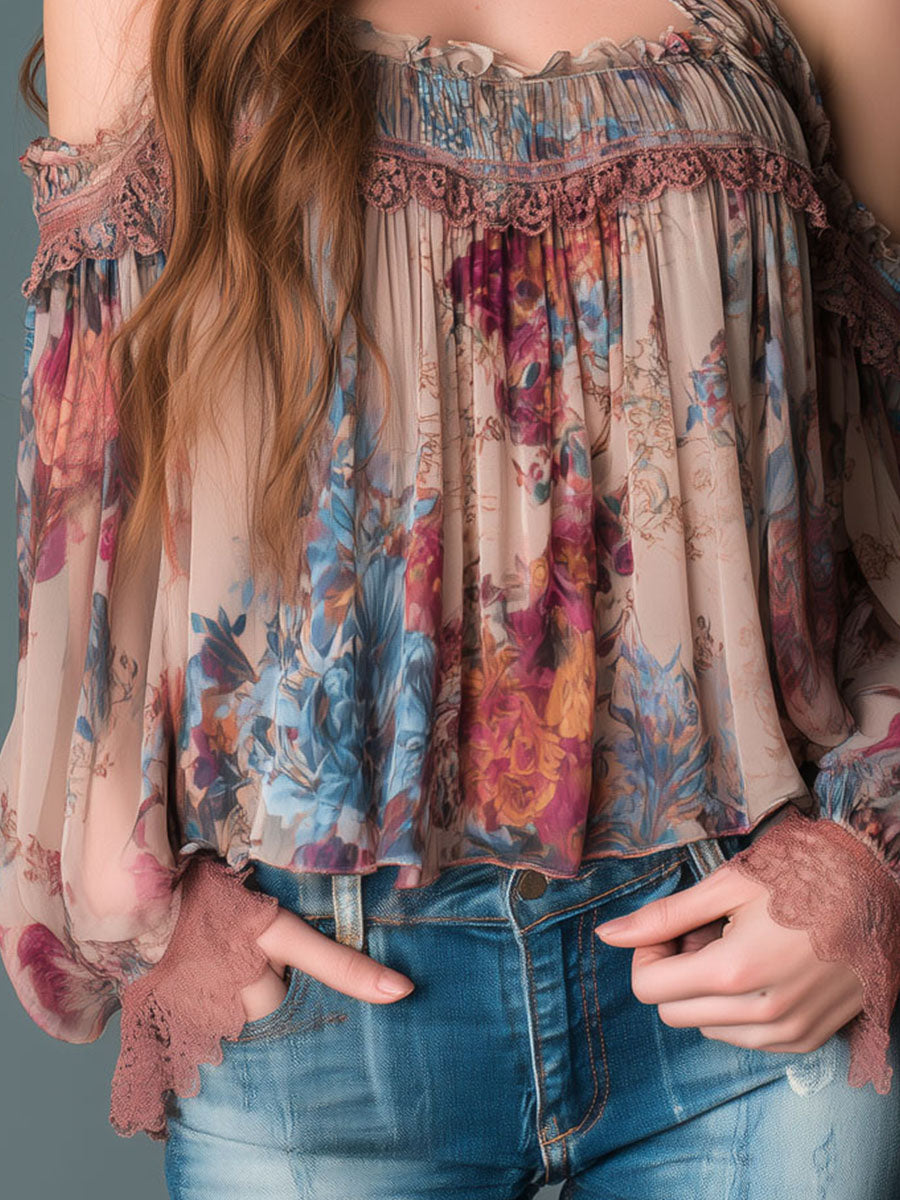 Boho Blush Floral Chiffon Cold-Shoulder Halter Blouse