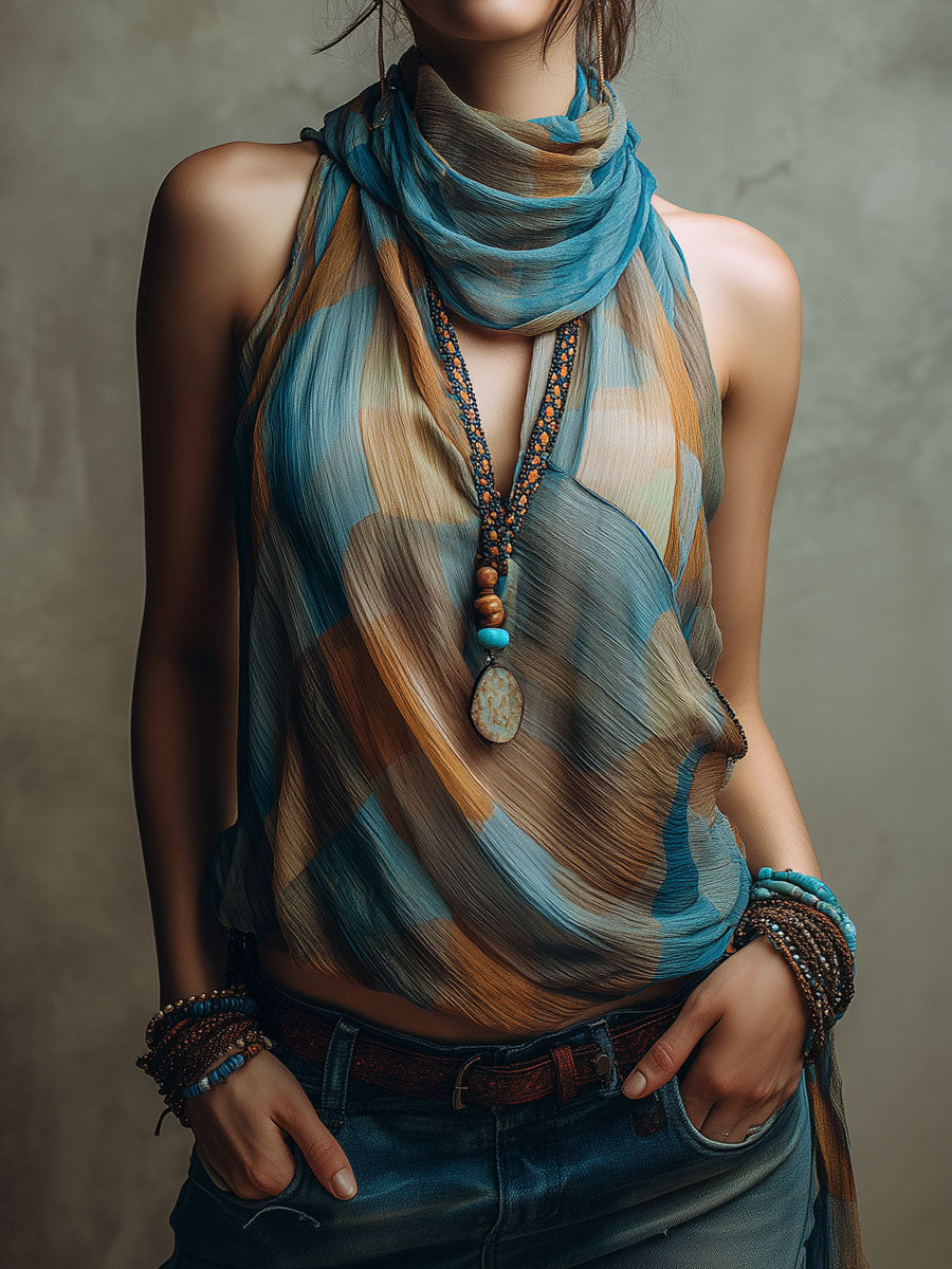 Boho Blue And Amber Chiffon Halter Blouse With Scarf Neck