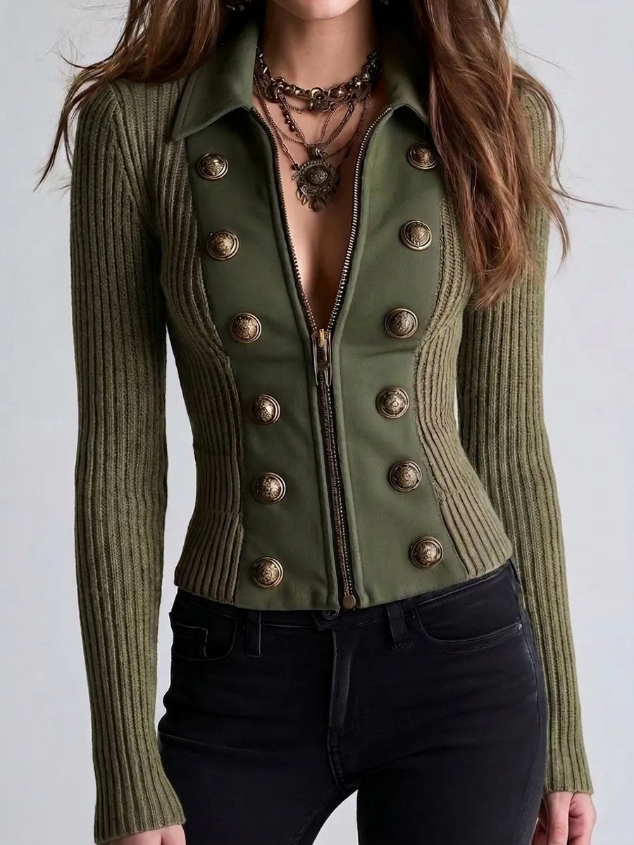 Vintage Army Green Brass Decor Button Spliced Knit Cardigan
