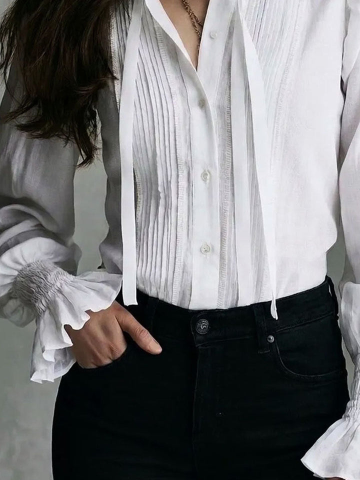 Boho Victorian Ruffle Tie Neck Pleated Lantern Sleeve Blouse