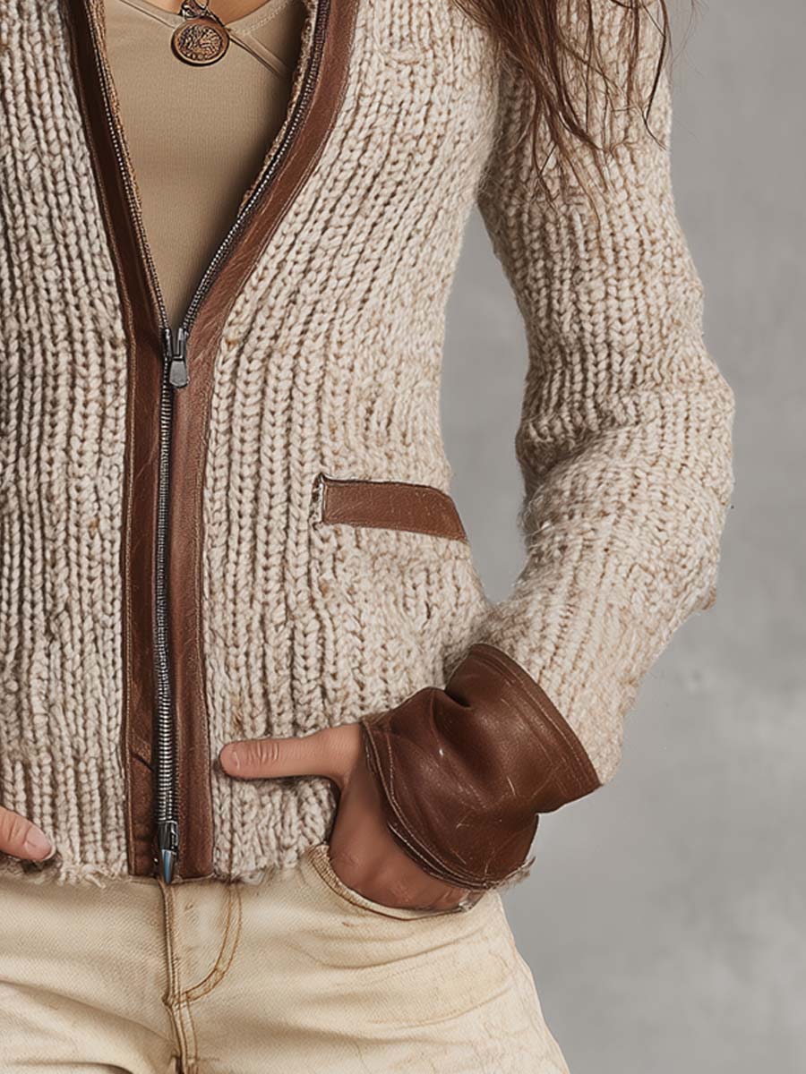 Vintage Contrast Faux Leather Trim Knit Cardigan