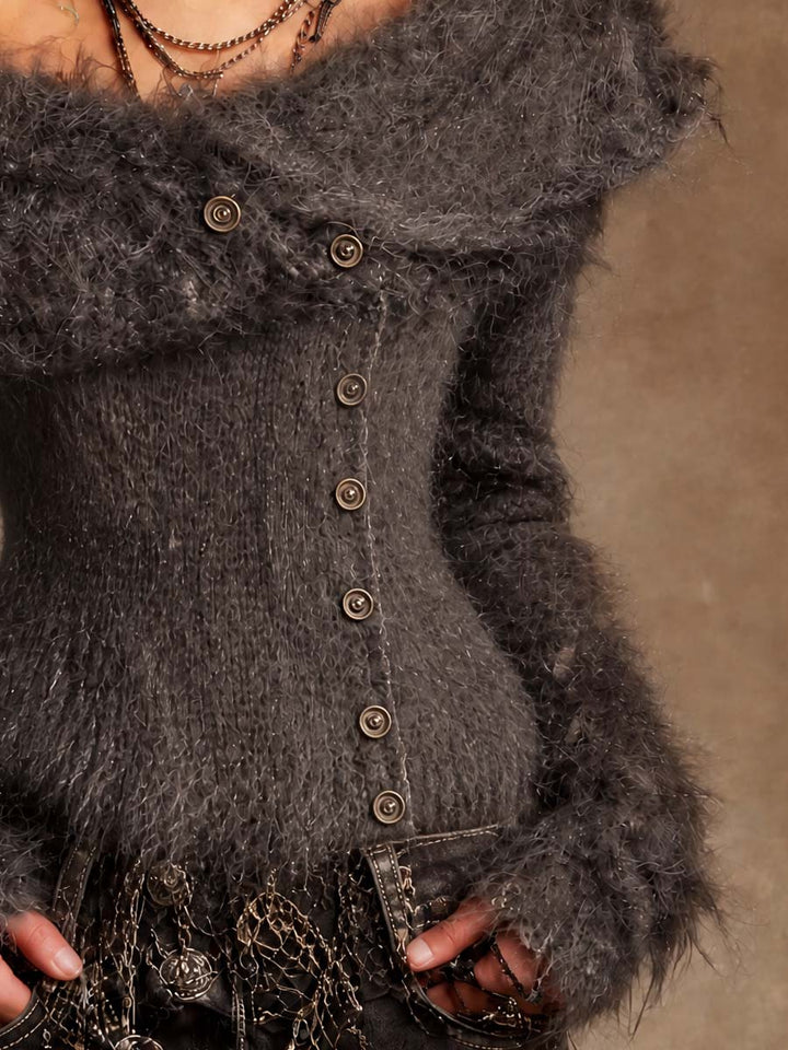 Vintage Off-Shoulder Fuzzy Knit Cardigan Sweater with Button Front