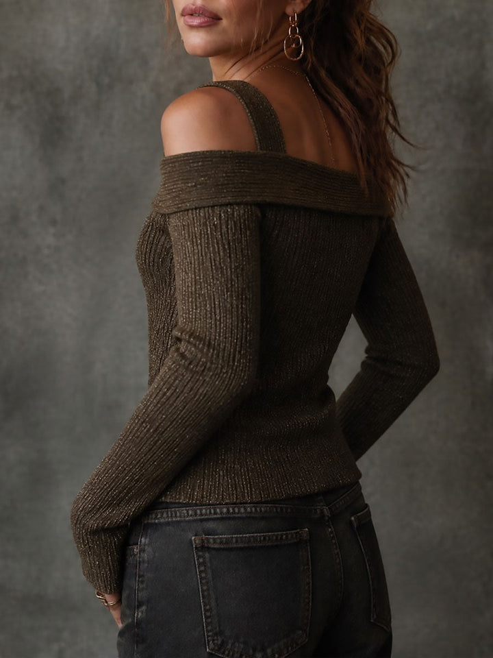 Retro Off-Shoulder Ribbed Knit Sweater With Button Front