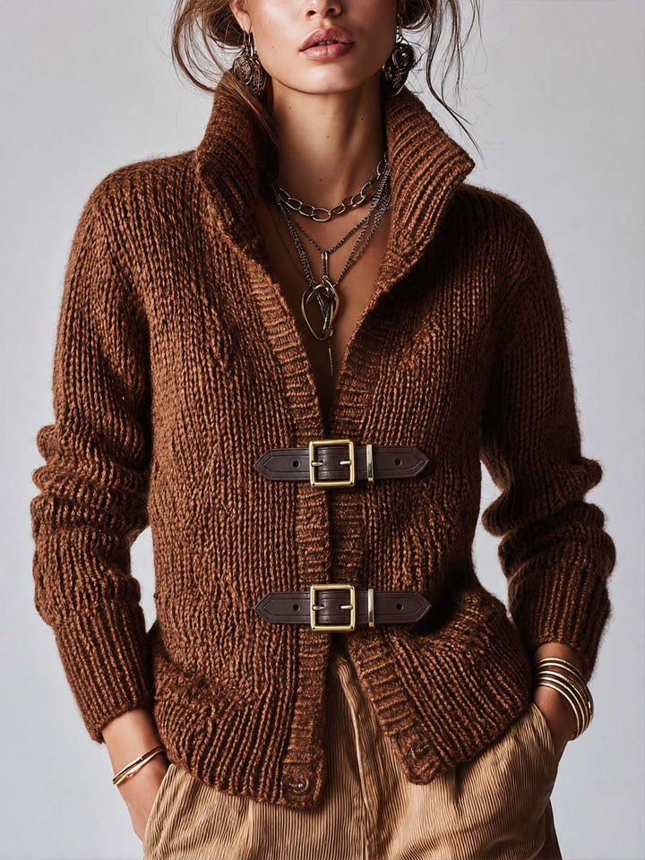 Vintage Brown Cable Knit Leather Buckle Jacket