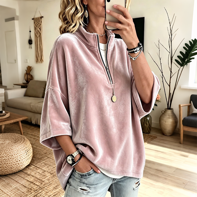 Velvet Oversized Pullover Half Zip 3/4 Sleeve