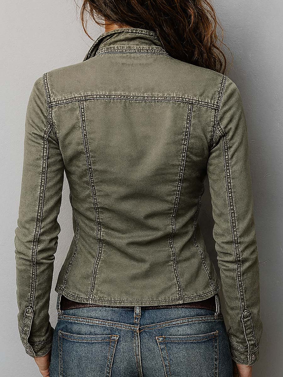 Slim Fit Western Utility Washed Green Zip-Up Top