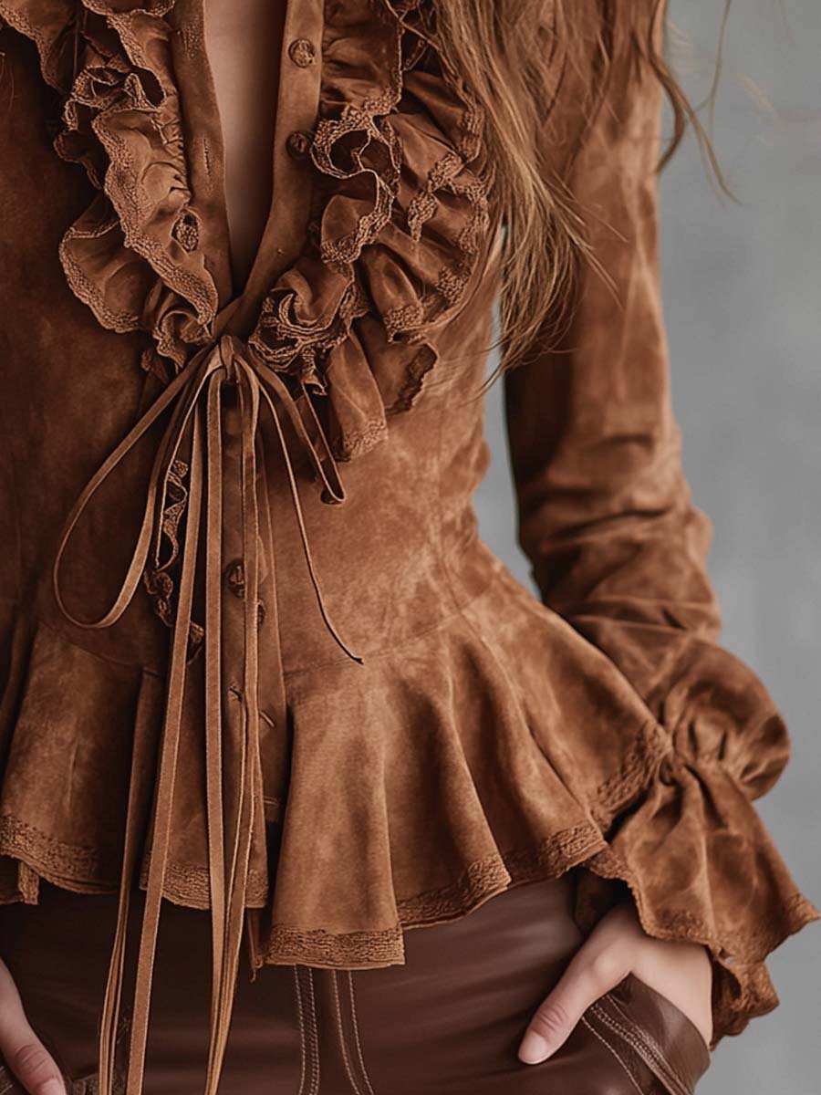 Vintage Caramel Eco-Suede Ruffle Blouse With Lace Trim