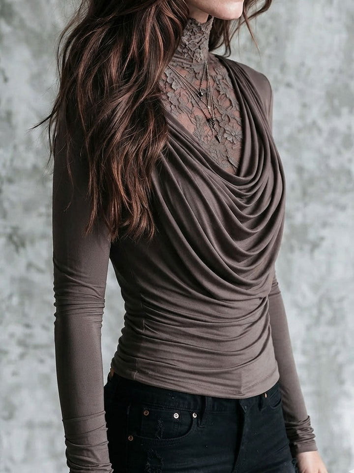 Boho Taupe Lace Mock Neck Draped Cowl Long Sleeve Two-in-One Top