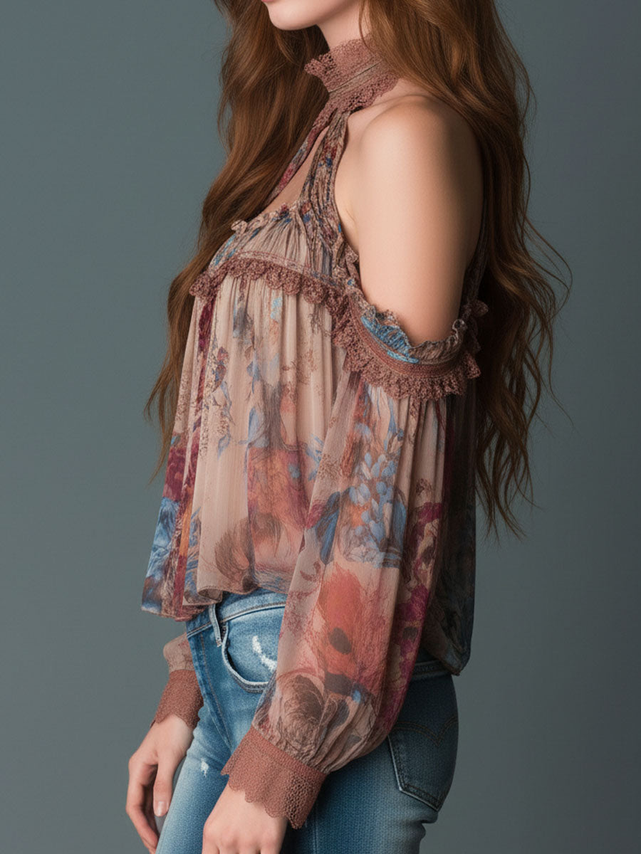 Boho Blush Floral Chiffon Cold-Shoulder Halter Blouse