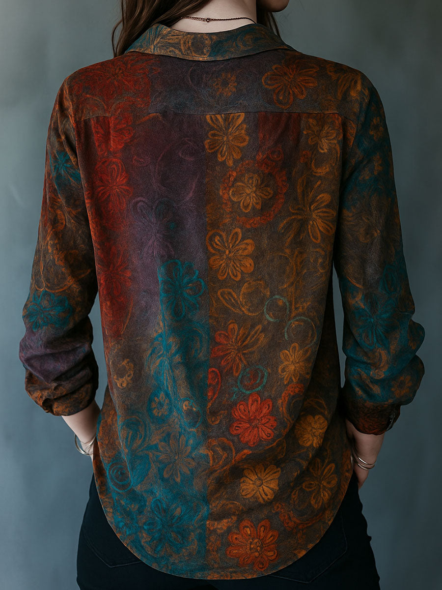 Boho Floral Print Velvet Long Sleeve Button Down Shirt