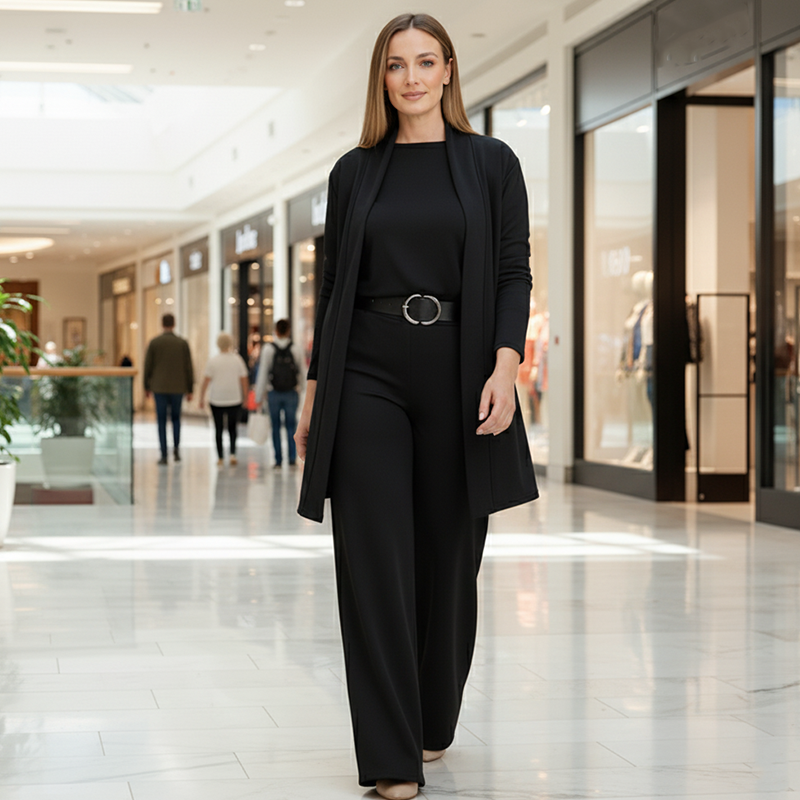NORELLA™ | Evanna Set with Basic T-Shirt, Long Cardigan & Straight-Leg Pants