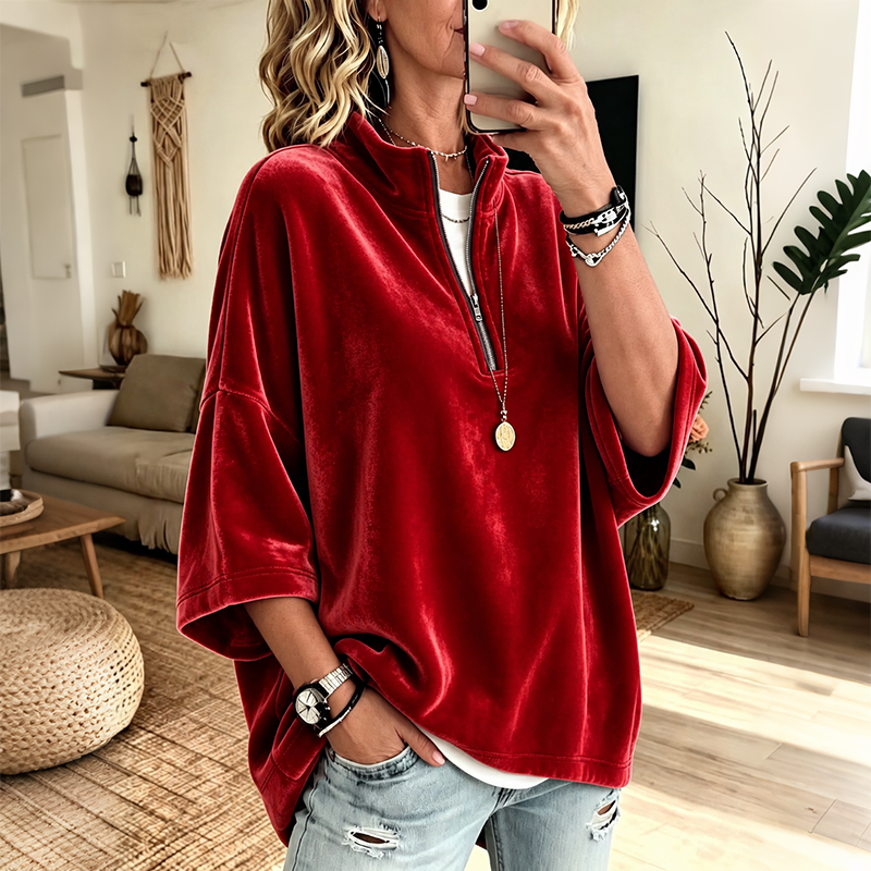 Velvet Oversized Pullover Half Zip 3/4 Sleeve