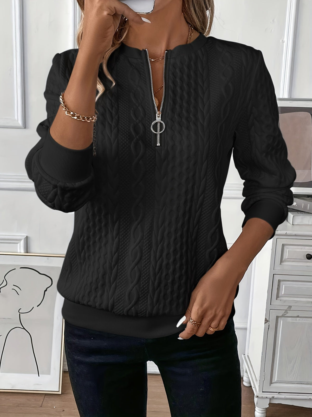 Zoe Cable Knit Zip-Up Sweater