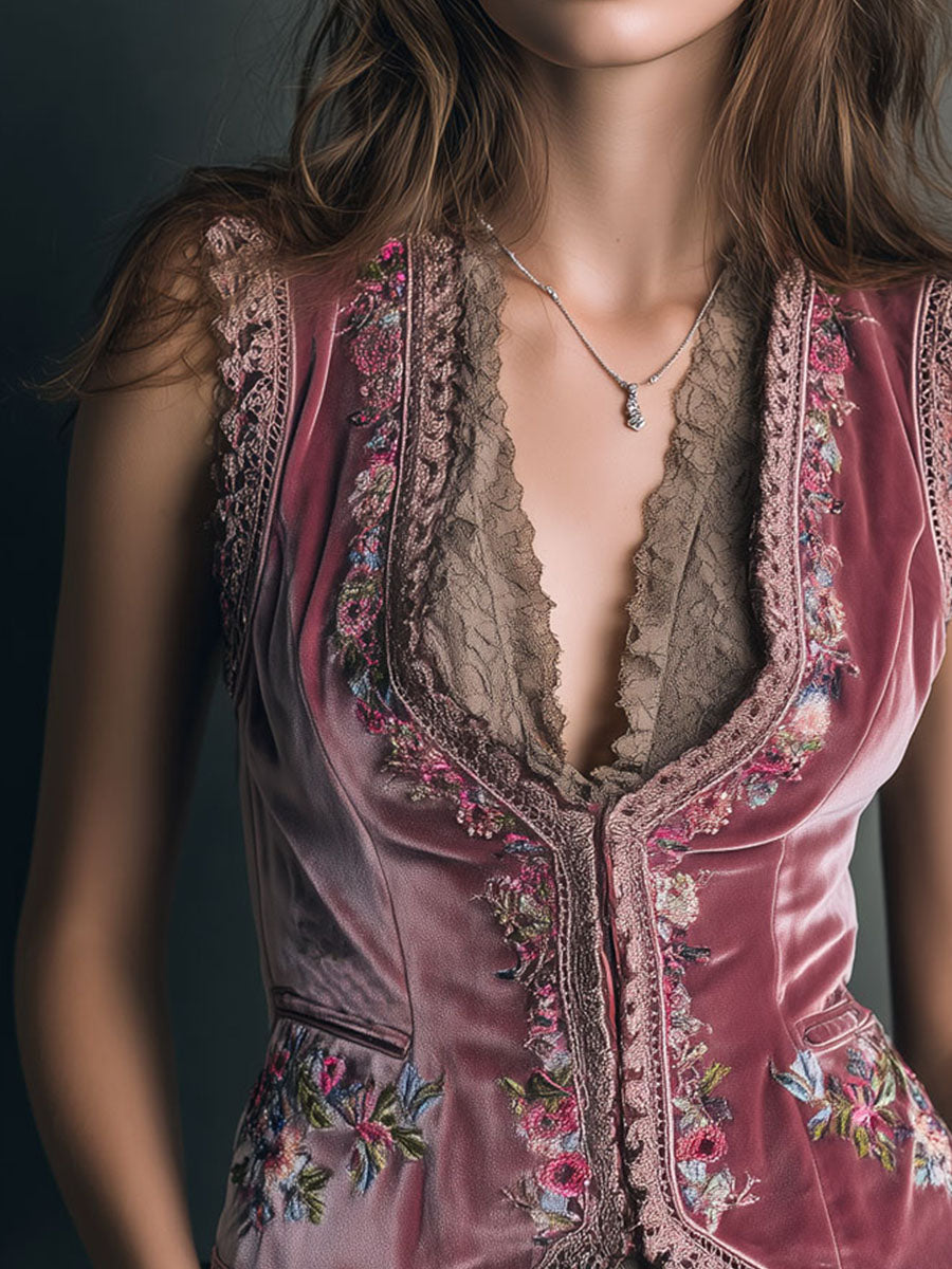 Vintage Dusty Rose Velvet Embroidered Vest With Lace Trim
