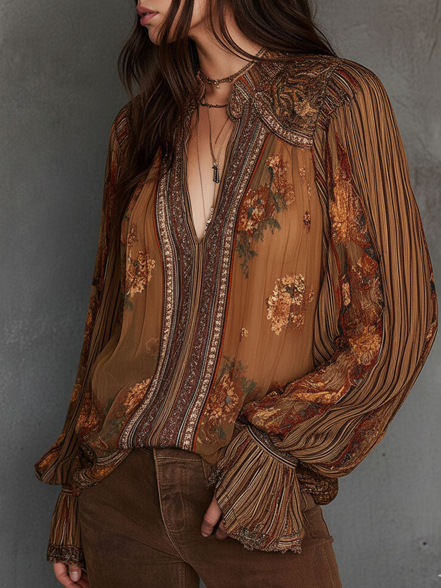 Vintage Boho Sheer Floral Blouse With Billowy Sleeves