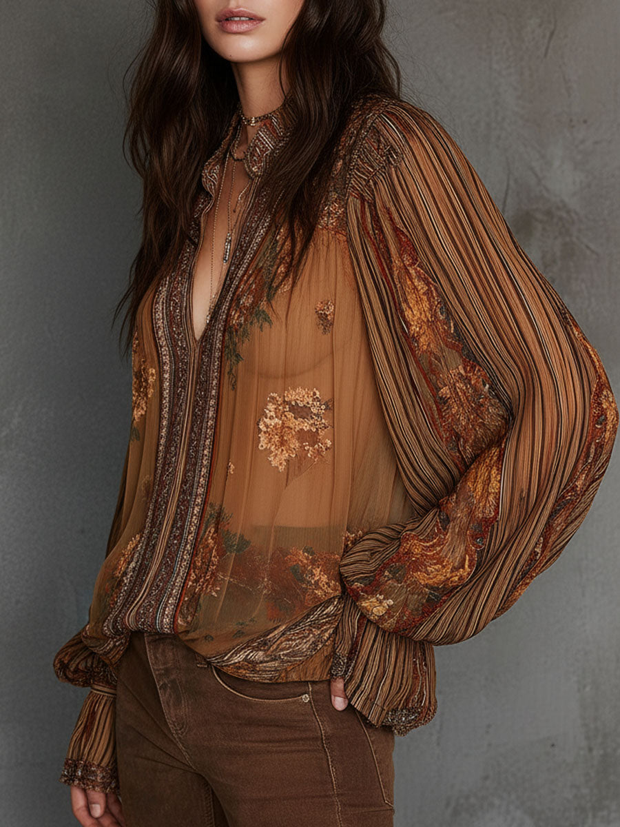 Vintage Boho Sheer Floral Blouse With Billowy Sleeves