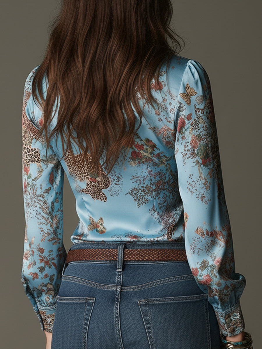 Elegant Leopard Print Satin Blouse With Front Zipper