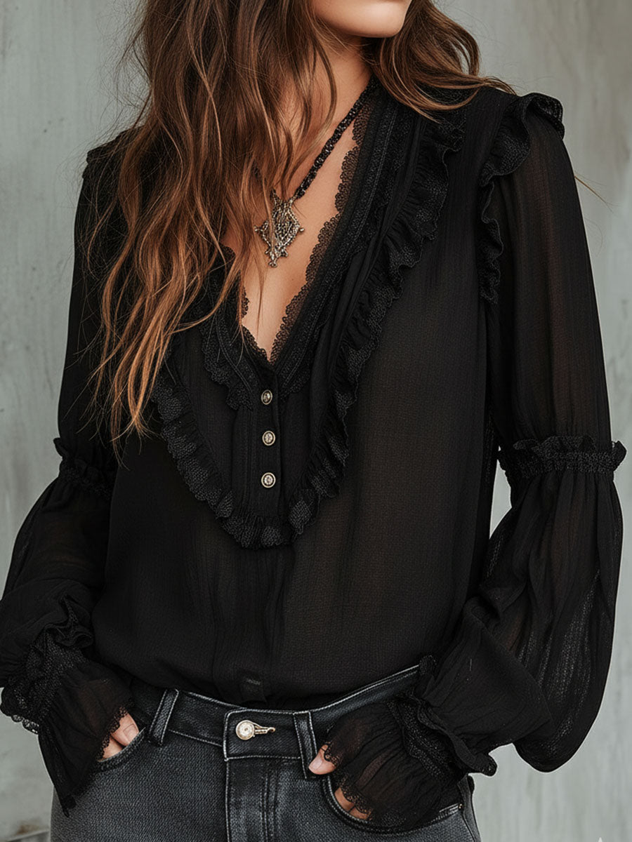 Vintage Black Ruffle Long Sleeve Blouse With Lace Trim