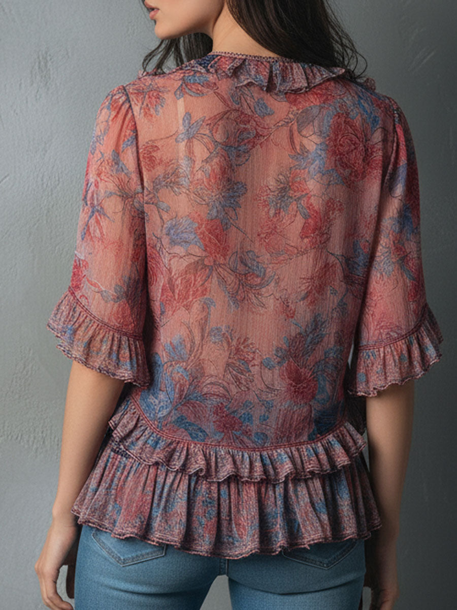Boho Romantic V-Neck Sheer Floral Print Ruffle Blouse