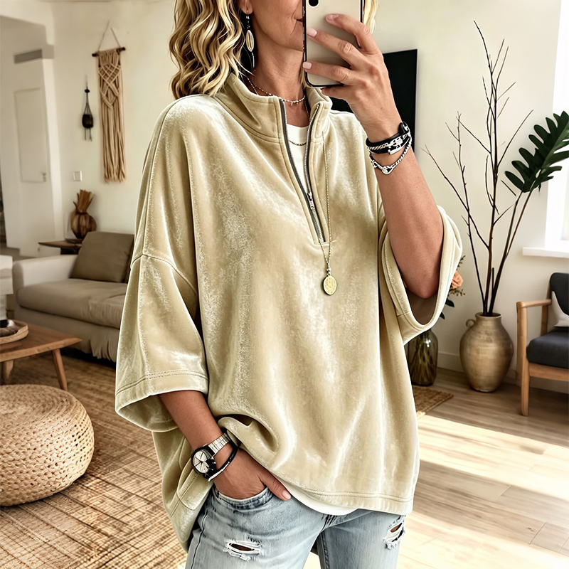 Velvet Oversized Pullover Half Zip 3/4 Sleeve