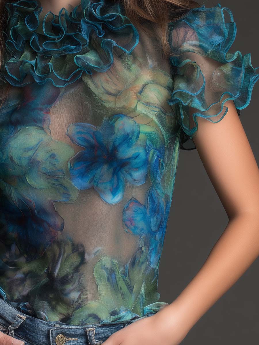 Vintage Boho Sheer Floral Ruffle Mesh Top