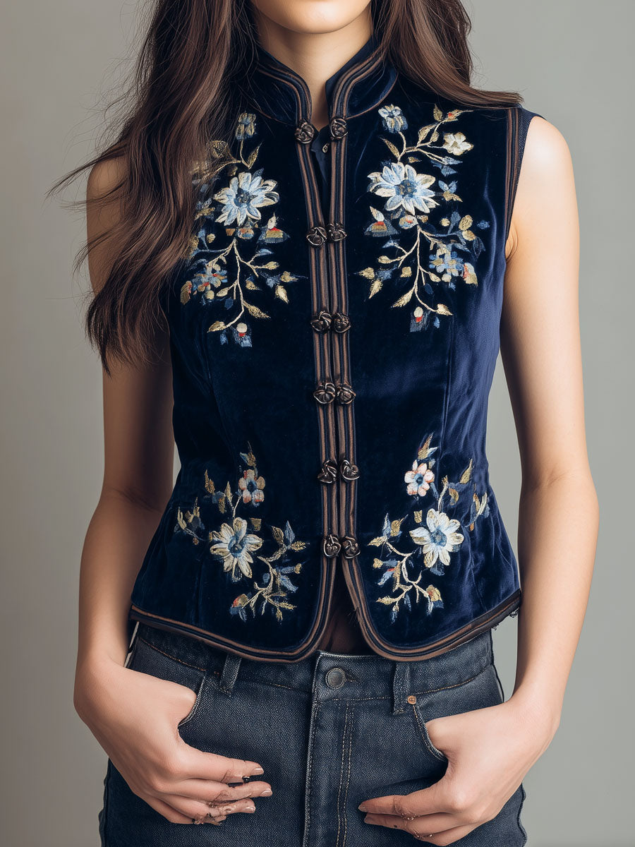 Boho Mandarin Collar Navy Velvet Embroidered Vest