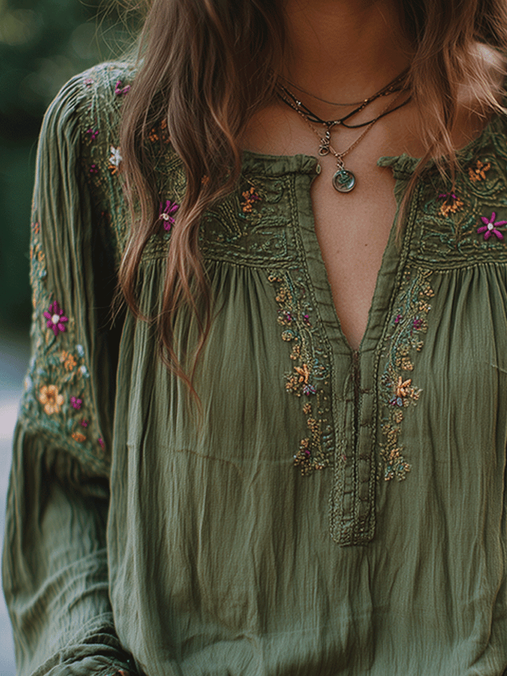 Bohe Floral Embroidered Cotton Olive Green Shirt