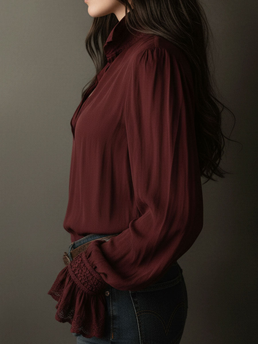 Boho V-Neck Deep Wine Red Blouse With Lace Cuffs