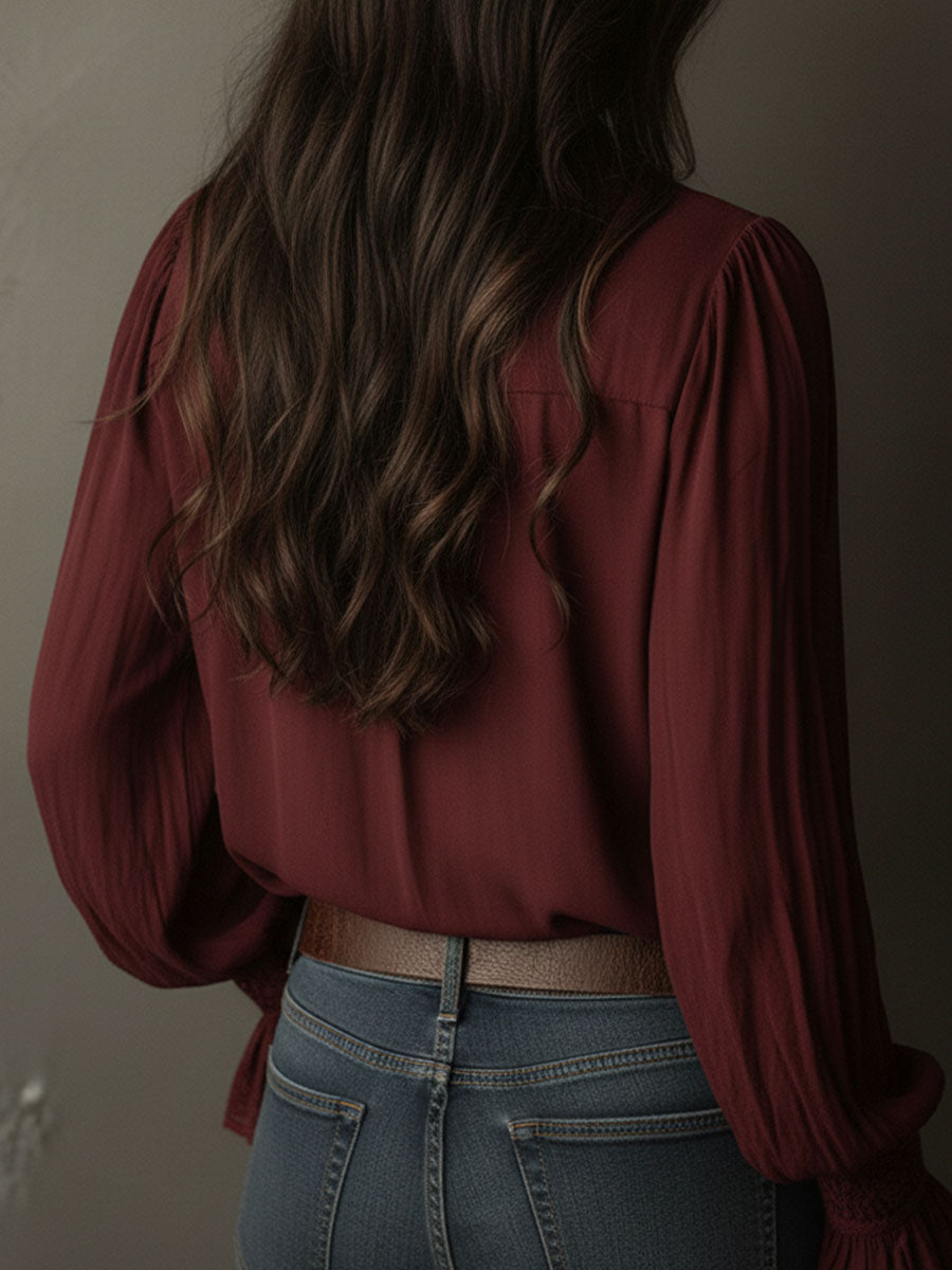Boho V-Neck Deep Wine Red Blouse With Lace Cuffs