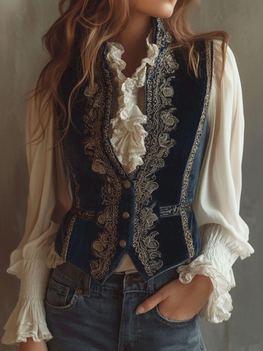 Vintage Baroque Navy Blue Velvet Embroidered Vest