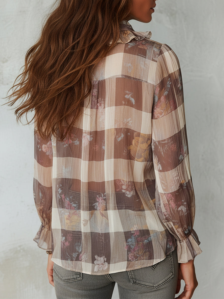 Bohemian Plaid Floral Chiffon Print Blouse With Ruffles