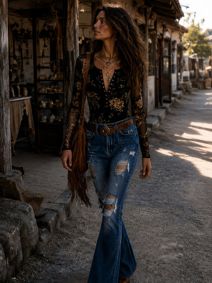 Boho Retro Floral Print Henley Button‑Front Sheer Mesh Blouse